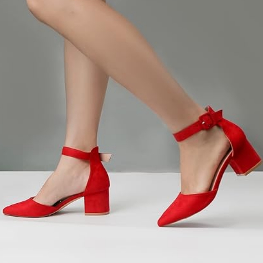 New Red Low Heels Chunky Closed Toe Party Shoes Gel Comfortable Size 7‎